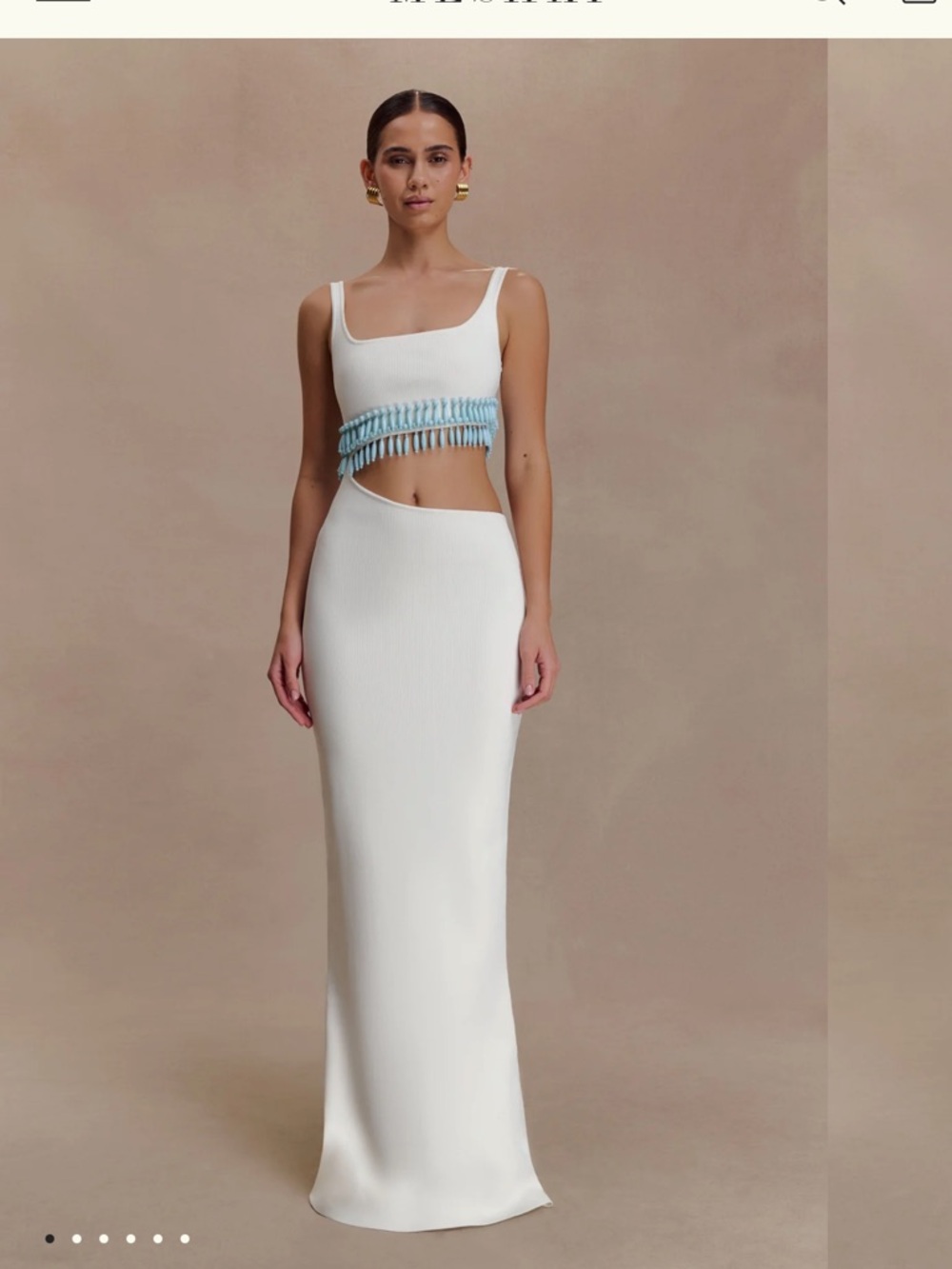 Meshki White Maxi Dress with Light Blue Tassel Trim SOLD OUT ONLINE